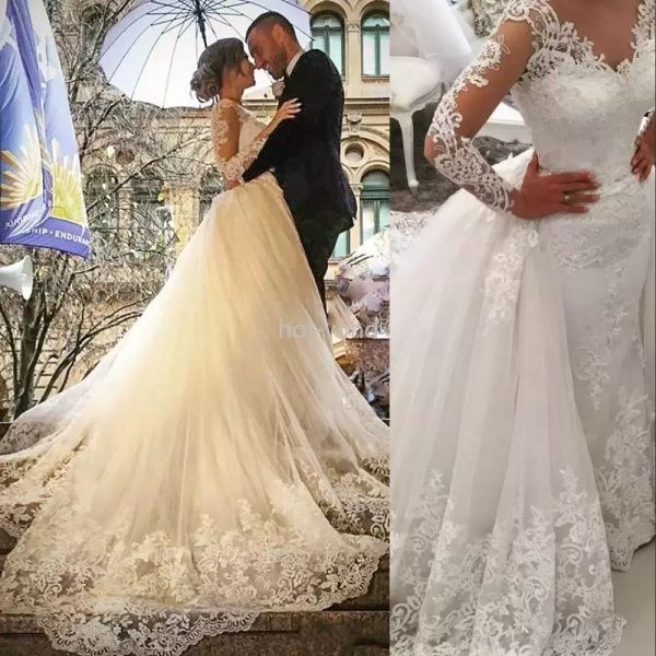 2022 Vestidos de novia de sirena africana de lujo con cuello en V Mangas largas Ilusión Apliques de encaje completo Faldas desmontables Botón de tren Volver Vestidos de novia Tallas grandes EE