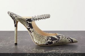 Chaussures de luxe en daim pour dames américaines, nouveaux talons hauts pointus Bing, mules en cuir à imprimé serpent ornées de strass, sandales de mode sexy, boîte originale