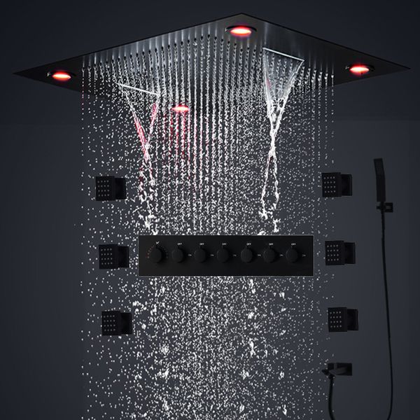 2022 Salle de bains de luxe Ensemble de douche noir Grand panneau de pommeau de douche LED Plafond 24 pouces Cascade Pluie Robinets de pulvérisation avec système de jets corporels