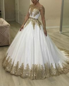 2022 Luxe Bling Dubai Robes de mariée en or blanc Robes de mariée formelles Sheer Manches longues Hors épaule Bateau Cou Appliqued Spark2569
