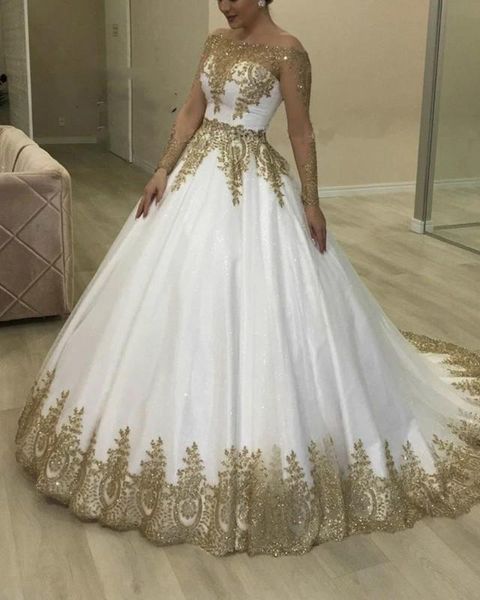 2022 Lujo Bling Dubai Vestidos de novia de oro blanco Vestidos formales nupciales Mangas largas transparentes Fuera del hombro Bateau Cuello Apliques Spark2569