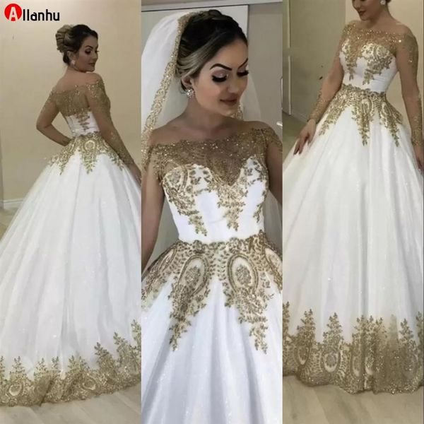 2022 lujo Bling Dubai oro blanco vestidos de novia vestidos formales de novia mangas largas transparentes fuera del hombro Bateau cuello apliques Spark227W