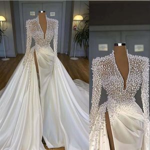 2022 Luxe Bling Sirène Robes De Mariée Col En V Profond Illusion Perles Cristal Haut Côté Split Arabe Satin Robes De Mariée Robe De ma252g