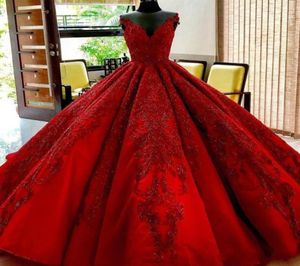 2022 Luxe donkere rode bal jurk Quinceanera jurken lieverd kanten appliques kristal kralen zoet 16 puffy tuLle plus size prom ev9567878