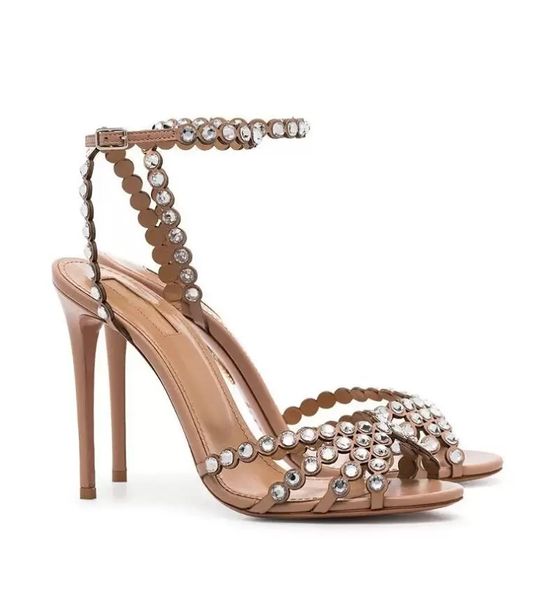 2022 Luxe Designer Tequila Sandales En Cuir Chaussures Femmes Talons Hauts Bretelles Cristal Embellissements Robe De Mariée, Soirée Gladiateur Sandalias