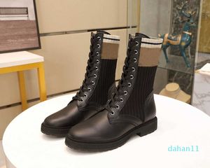 2022-Botas de motociclista de cuero negro de diseñador de lujo para mujer con tejido elástico Botines de combate para mujer Zapatos planos EUR 35-42