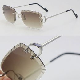 2022 Luxe Diamond Cut Lens Met C Decoratie Frame Zonnebril Vrouw 18K Goud Randloze Zonnebril Man Grote Vierkante Brillen UV400 Ontwerp Model Bril Mannelijke en Vrouwelijke