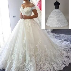 Vestido de novia de encaje de lujo 2022 con enaguas y velo largo hasta el hombro con corsé en los hombros Vestidos de novia de princesa con cordones en la espalda