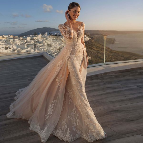 2022 robes de mariée sirène de luxe à manches longues bouton arrière train détachable 2 en 1 dentelle appliques robes de mariée illusion col en v tulle robe de mariée sur mesure