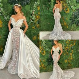2022 robes de mariée de luxe sirène avec jupe détachable dentelle 3D Floral Appliqued pays robe de mariée en satin sur mesure Vestido247N