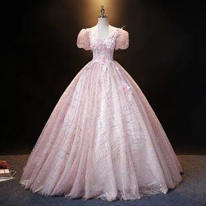 2022 luxe rose robes de soirée dentelle cristal perles paillettes balayage train formelle mariée Pageant robes de bal sur mesure