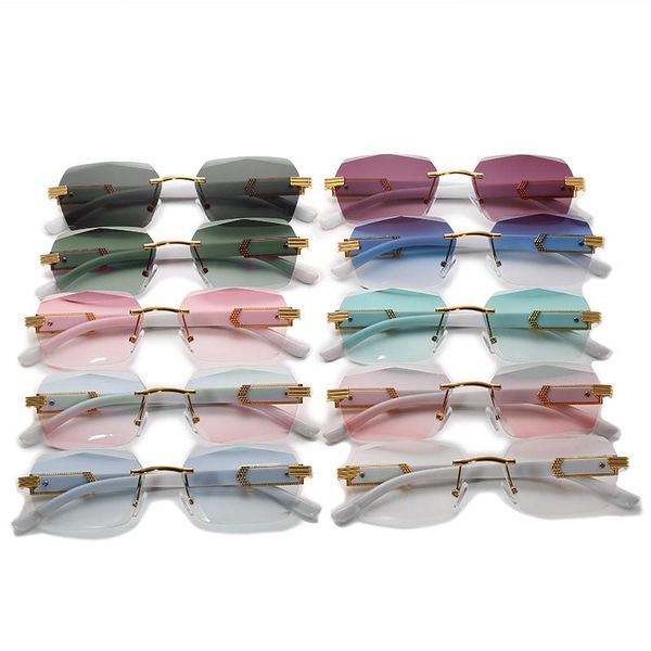 2022 Lunettes de soleil de luxe sans monture Lentilles d'océan sculptées au diamant avec des jambes de motif en marbre spécial Mode Lunettes de soleil dorées et en pierre