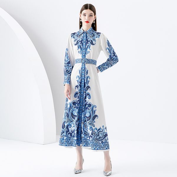 Femmes Revers Bouton Chemise Maxi Robe Avec Ceinture À Manches Longues Paisley Imprimer Lady Designer Robes Formelles 2023 Printemps Automne Élégant Mince A-ligne Piste Mignon Robe De Fête