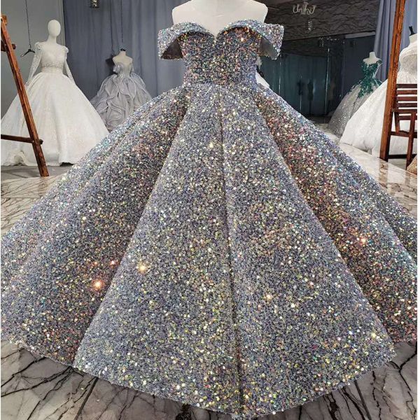 2022 Luxury plateado bling lentejuelas vestidos de concurso de alperocates esponjosos de los hombros vestidos de niña de las flores rocadas vestidos de fiesta para niñas para niñas