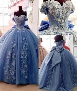 2022 Robes de quinceanera bleu ciel de luxe avec applique florale 3D étincelante hors de l'épaule jupe à plusieurs niveaux Sweet 16 paillettes appl6644880