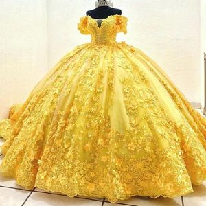 2022 Luxe Vintage Sexy Jaune Puffy Quinceanera Robes Hors Épaule Dentelle Appliques Cristal Perles 3D Floral Fleurs Robe De Bal Robes De Robe Invité