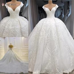 2022 Luxury White/Ivory Off Shoulder Ball Gown Wedding Dresses Luxury Saudi Arabic Dubai Lace Appliqued Plus Size Bridal Gown BC10533