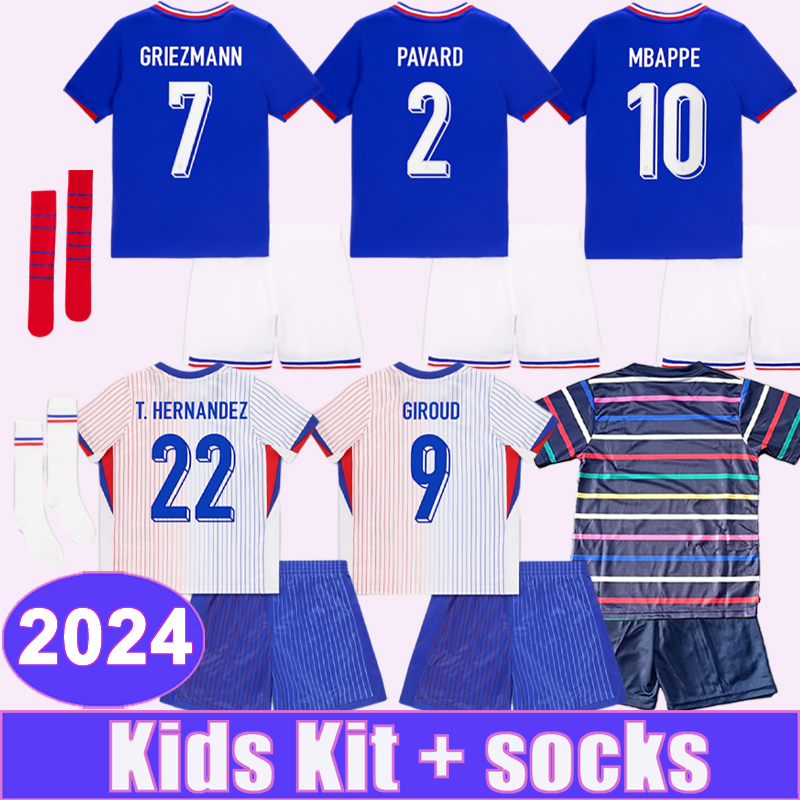 2024 French Mbappe Kid Kit Soccer Jerseys Fofana Camavinga Kolo Muani Saliba Clauss Kante Tchouameni Entraînement porte à la maison les chemises de football