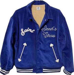 Chaqueta Saint Sinner para hombre y mujer, abrigo bordado con llama de póker, ropa de pana, chaquetas de béisbol, prendas de vestir azules, uniforme de moda, 2024