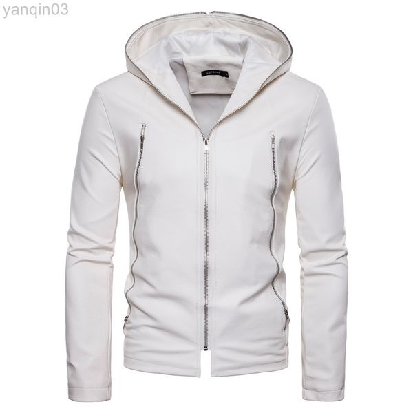 2022 hommes automne nouvelle veste en cuir blanc à capuche fermeture éclair décorations Pu L220801