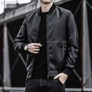 2022 Men Herfst nieuwe PU Leather Jacket Youth Stand Collar Stitching motorfiets Leather Jacket L220801