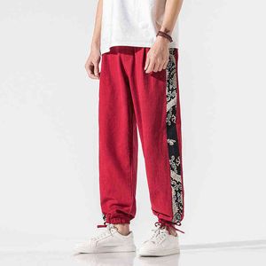 2022 pantalones de lino rojo estilo chino para hombre, ropa de calle para hombre, pantalones de pierna ancha con estampado, pantalones bombachos holgados para correr para hombre, pantalones Dropshipping L220706