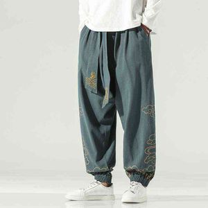 2022 Hommes Coton Lin Cross-Pants Hommes Baggy Imprimer Sarouel Mâle Hip Hop Joggers Bloomers Pantalon Streetwear Jambes Larges Pantalon L220706