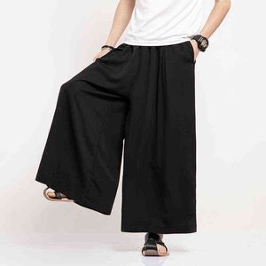 2022 MANNEN LINEN Wijd been broek Mens Harajuku Streetwear Harem broek Mannelijke Chinese stijl Hanfu Kongfu Trousers enkellengte broek L220706