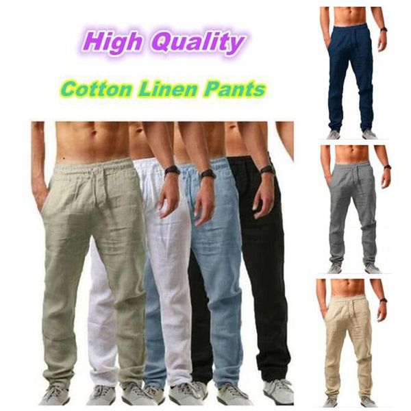 2022 Pantalons en coton et lin pour hommes Pantalons d'été amples à taille élastique Respirant Couleur unie Pantalons en lin décontractés Pantalons de survêtement de fitness Streetwear Taille S-4XL