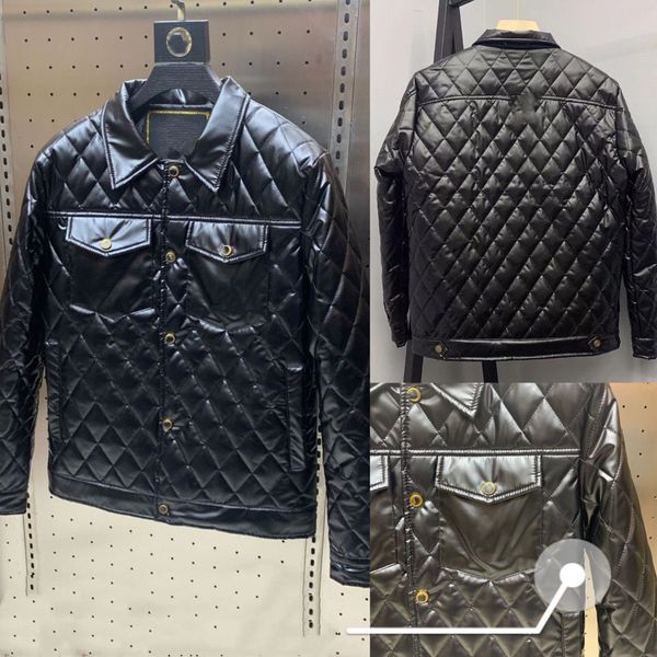 Veste de moto à revers pour hommes Automne / Hiver Léger Brillant Court Faux Cuir PU Décontracté Brodé Diamant Vérifier Coton Fermeture Éclair Polaire Vestes