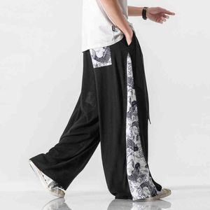 2022 Men Streetwear wide been broek mannen patchwork bedrukte katoenen linnen broek mannelijke hiphop joggers hanfu losse broek m-5xl l220706