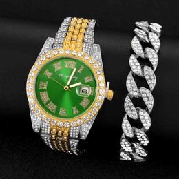 2022 hommes montre de luxe Hip hop glacé montre en or avec Bracelet chaîne cubaine Quartz carré Relogio Masculino GroomsmenJGXN