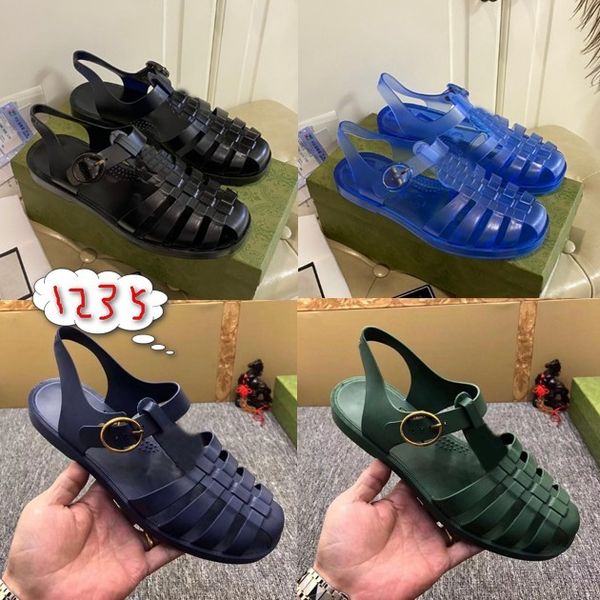 Hombres Mujeres Sandalias planas de lujo Diapositivas de verano Diseñador Mocasines de goma Calzado de playa Moda Metal Horsebit Sandalias con caja tamaño 35-45