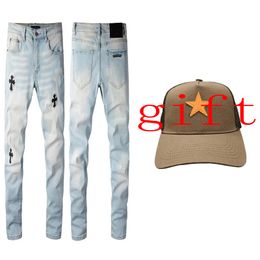 23SS Mens Jeans Luxurys Designers Jean Distressed France Fashion Pant Hip Hop Distressed Zipper -broek voor mannelijke High Street Sport Cap Gift A Hat Baseball Hats