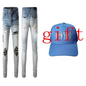 23SS MENS JEANS VROUWEN JEAN LONG Rechte Casual Hole Slim Biker Pants Mannelijke denim Pant Plus Mize 15 Styles Baseball Hat Cadeau Hoeden Letter Gedrukte broek met een lichte gaten