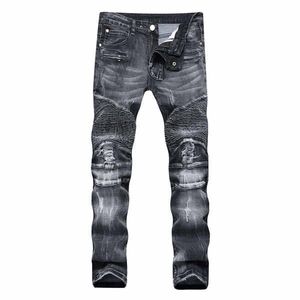 2022 Heren Skinny Designer Jeans Fashion Distressed gescheurde mannen Jean Slim Motorcycle verkopen Baggy Moto True Biker Denim Pants Hip Hop Black Maat 28-40