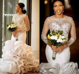 2022 robes de mariée sirène volants robes de mariée africaines Illusion manches dentelle Applique perlée jupe à plusieurs niveaux Organza Vestidos De Noiva