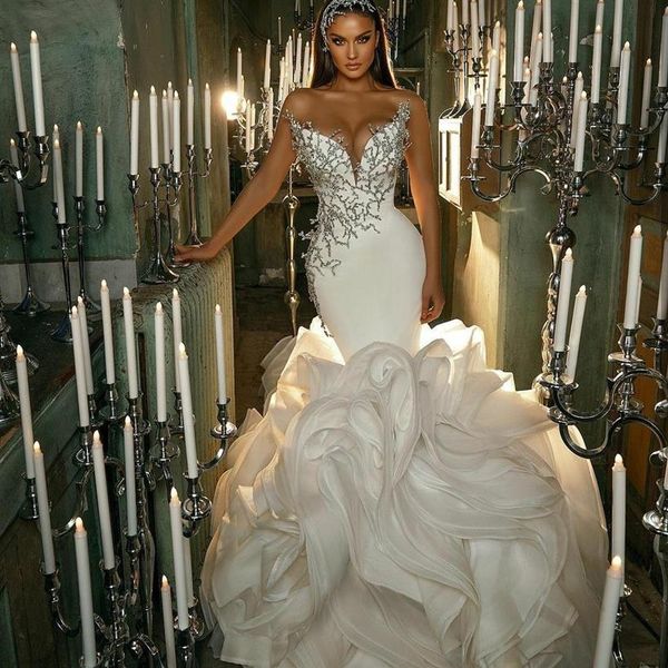 2022 sirène robe de mariée à plusieurs niveaux volants Long Train perlé robes de mariée saoudien arabe luxe vestido de novia228i