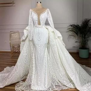 2022 robes de mariée sirène robe de mariée avec oversklirt bijou cou manches longues tulle dentelle appliques perles sur mesure plus la taille vestidos de novia