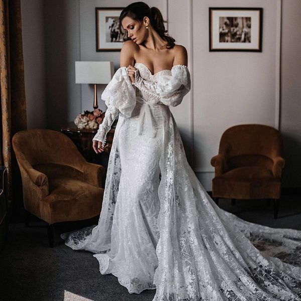 2022 Vestidos de novia de sirena con encaje de tren desmontable Sweetheart Boho Matrimonio Rata de Mariee Mangas largas extraíbles