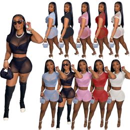 2022 Mesh See Through Tracksuits voor Vrouwen Solid Korte Mouwen Crop Top en Casual Shorts Nightclub Sexy Tweedelige Sets NY8085