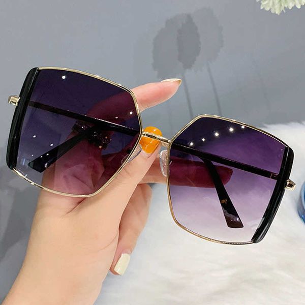 2022 métal Semi-sans monture carré surdimensionné lunettes de soleil femmes grand cadre coloré lunettes de soleil femme miroir dégradé nuances