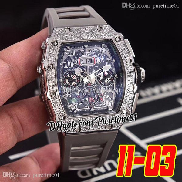 2022 Miyota Reloj automático para hombre Diamantes Bisel Fecha grande Esqueleto Dial Corona negra Correa de caucho gris Super Edition 6 estilos Puretime01 1103D4