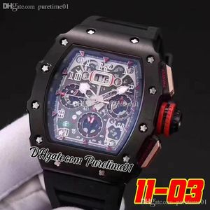 2022 Miyota Automatic Mens Horloge PVD Staal All Black Big Date Red Green Skeleton Dial Rubberen band Super Editie 5 stijlen Puretime01 03BG-C3