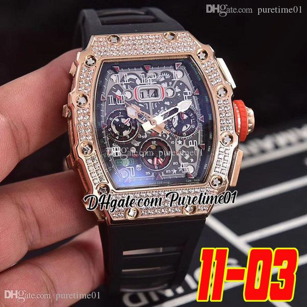 2022 Miyota Reloj automático para hombre Oro rosa Diamantes Bisel Fecha grande Esqueleto Dial Corona roja Correa de caucho negra Super Edición 6 estilos Puretime01 1103E5