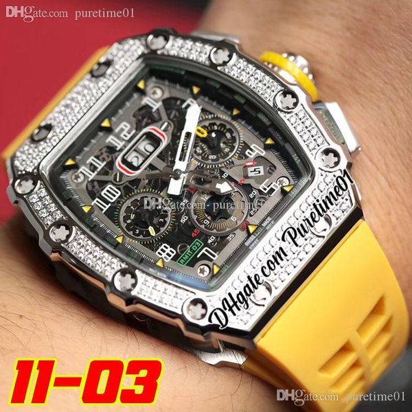 2022 Miyota Automatique Mens Montre Rseel Diamonds Lunette Big Date Black Silver Skeleton Stickers Marqueurs Stick-Strap en caoutchouc jaune Super édition Super édition PureTime01 03DRG-H8