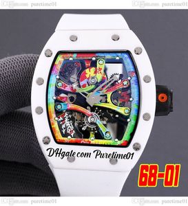 2022 Miyota Automatic Tourbillon Cyril Kongo Mens Watch Ceramics Case Artiste Tagged by Graffiti Skeleton Dial White Rubber Super Edition PureTime01 E276-6801