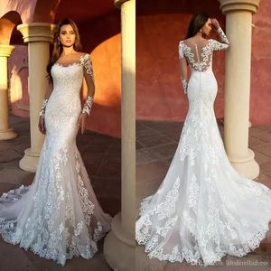 2022 Moderne 3D Geappliceerd Kant Mermaid Trouwjurken Sheer Neck Lange Mouw Bruidsjurken Illusion Trouwjurk Robe de Mariee BC10737