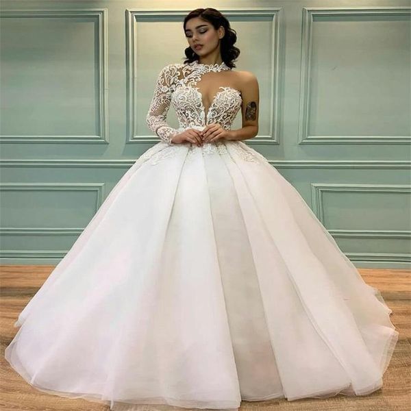 2022 Un hombro Vestido de fiesta Vestidos de novia Ilusión sexy Sin respaldo Encaje Marfil Vestido de novia Corte de tren Manga larga Vestidos De Novia por encargo