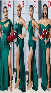 2022 Modest Emerald Green Side Split lange bruidsmeisjesjurken sexy trouwfeestjurken verschil halslijn goedkope bruidsmeisje jurk c2746673